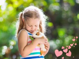 A girl stands holding a Guinea Pig.